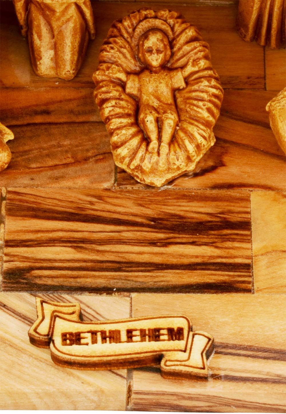 Olive Wood Nativity Set with Figurines – Natural Bark Roof Stable – Handmade Christian Christmas Decoration – Holy Land Gift – Made in Bethlehem – Religious Manger Scene Display